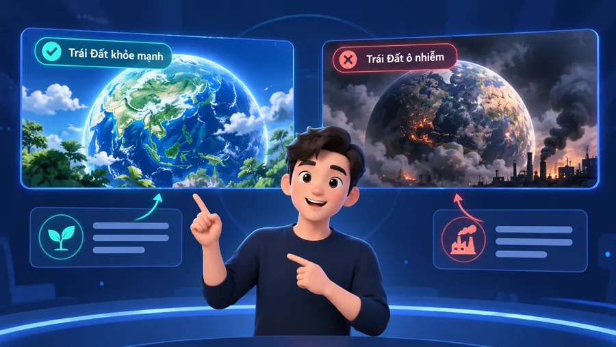 A presenter between images of a healthy Earth and a polluted Earth.