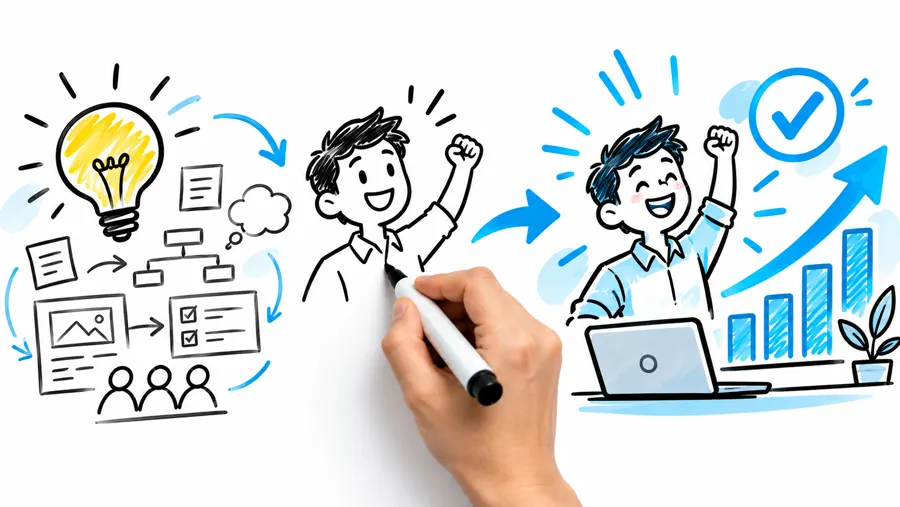 A hand draws a lightbulb, a plan and a person celebrating in front of a rising chart.