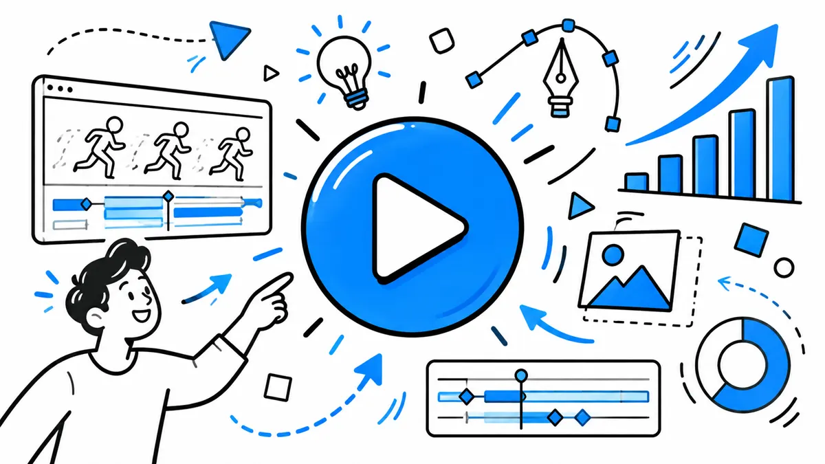 Marker drawing of a person pointing at a large play button, surrounded by sketched charts.